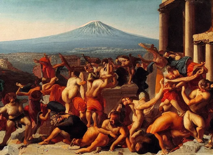 Image similar to detailed painting of average greeks drink wine and have fun against the backdrop of mount vesuvius starting to erupt by brullov, based on the brulliv painting the last day of pompeii