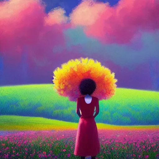 Image similar to large flowers afro, girl standing in a field with flowers, surreal photography, hills, big trees, sunrise dramatic light, impressionist painting, colorful clouds, digital painting, pointillism, artstation, simon stalenhag