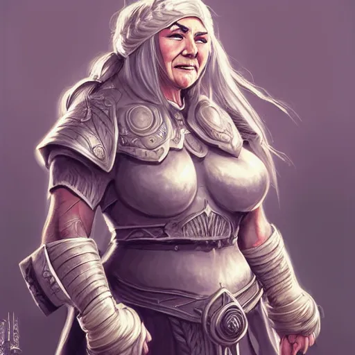 Prompt: elderly female feminine dwarven heavyset fighter with immaculate long grey hairstyle and intricate beard in long braids and wrinkled skin wearing full platemail armor by rossdraws