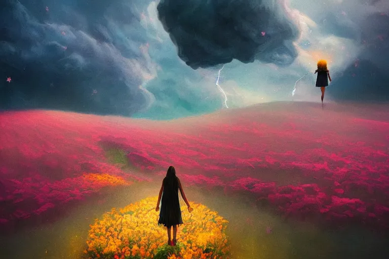 Prompt: giant dahlia flower over head, girl walking on mountain, surreal photography, stars, dramatic light, impressionist painting, storm clouds, digital painting, artstation, simon stalenhag