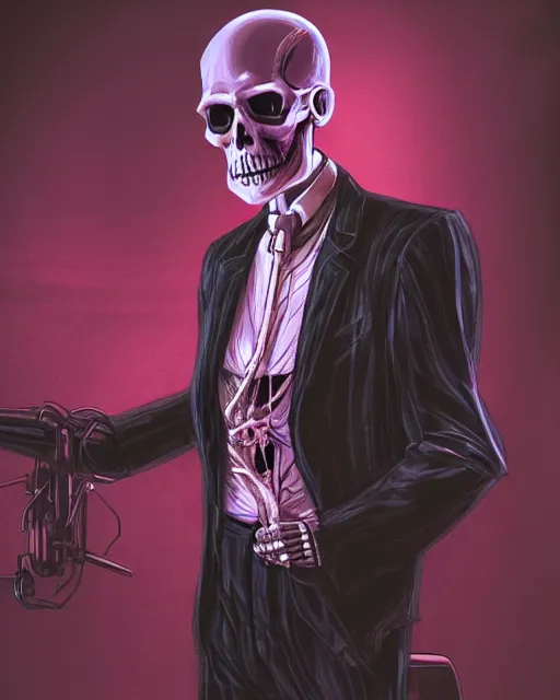Prompt: dramatic cyberpunk portrait of a skeleton in a suit, rbg color glow, atmospheric haze, intense shading, single light source
