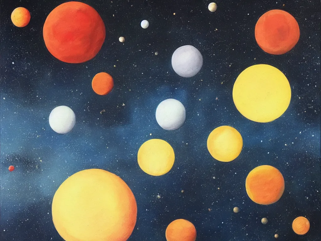 Image similar to A beautiful painting of a five planets, There are only five planets that are black, white, yellow, red, and blue, behind the galaxy and the universe, Trending on artstation, starry sky, Gioele Muscolino