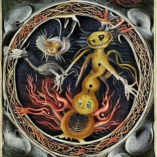 Prompt: furry freaky creature sings a unique canto about'as above so below'being ignited by the spirit of haeckel and robert fludd, breakthrough is iminent, glory be to the magic within, style of grotesques from medieval illuminated manuscripts