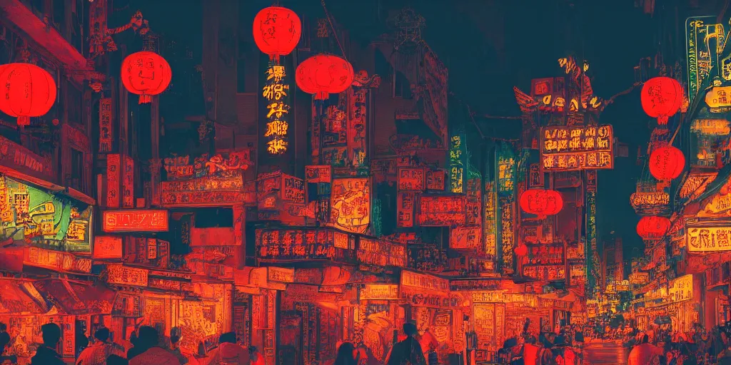 Image similar to old chinatown that never sleeps, neon lights, mythology, fairy tale, urban landscape, evening, highly detailed, low angle view, artstation, in the style of aetherpunk