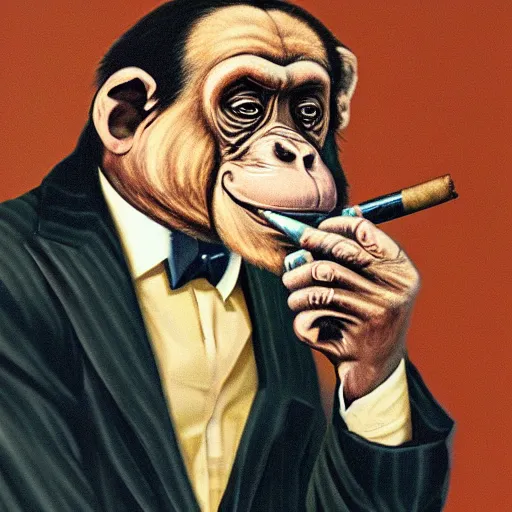 Image similar to a high detail photo of an antropomorphic chimp wearing a suit smoking a cigarrette, subject= chimp, subject detail: wearing a suit, subject action: smoking a cigarrette photorealism