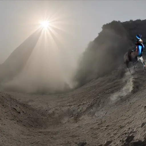 Image similar to horse jumping in heavy pyroclastic flow with dense fog and sun rays. wide angle lens. 4 k