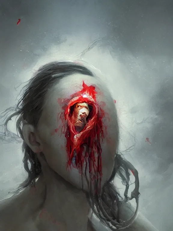 Image similar to painting by greg rutkowski of a flying sorrowful looking human head with tears running down it's eyes, face that is chalk white in color, with long sprawling white tentacles stemming down it's neck, fiery scorching red eyes, flying in a terrying hellish dark cavernous place