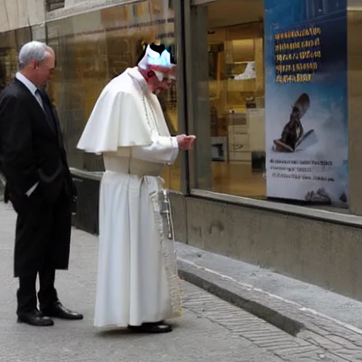 Image similar to The pope pointing and laughing at a homeless person, realistic, city streets