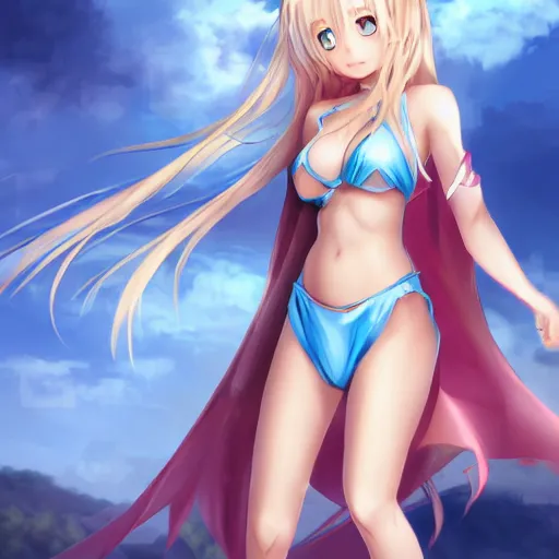 Image similar to a very beautiful young anime chess girl, full body, long wavy blond hair, sky blue eyes, full round face,, bikini, miniskirt, front view, mid - shot, highly detailed, cinematic wallpaper by stanley artgerm lau