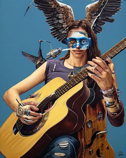 Image similar to a portrait of an anthropomorphic cyberpunk eagle strumming an acoustic guitar by sandra chevrier, by jon foster, detailed render, tape deck, epic composition, cybernetics, 4 k realistic, cryengine, realistic shaded lighting, sharp focus, masterpiece, by enki bilal