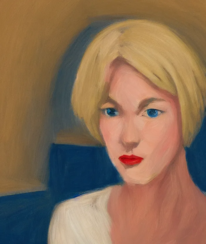 Prompt: a closeup portrait of woman with a blonde bob with bangs, in the style of edward hopper, very fine brush strokes, 4 k,