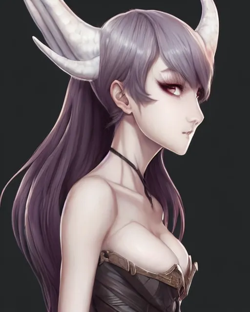 Image similar to character concept art of a woman with dragon horns and wings | | very anime, dragon scales, cute - fine - face, pretty face, realistic shaded perfect face, fine details by stanley artgerm lau, wlop, rossdraws, james jean, andrei riabovitchev, marc simonetti, and sakimichan, tranding on artstation