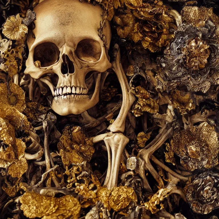 Prompt: A beautiful oil painting hyperrealism of a decayed black skeleton head, rotting black clay skin, bones, close up, gold flowers, gold floral headdress, 8k resolution, octane render