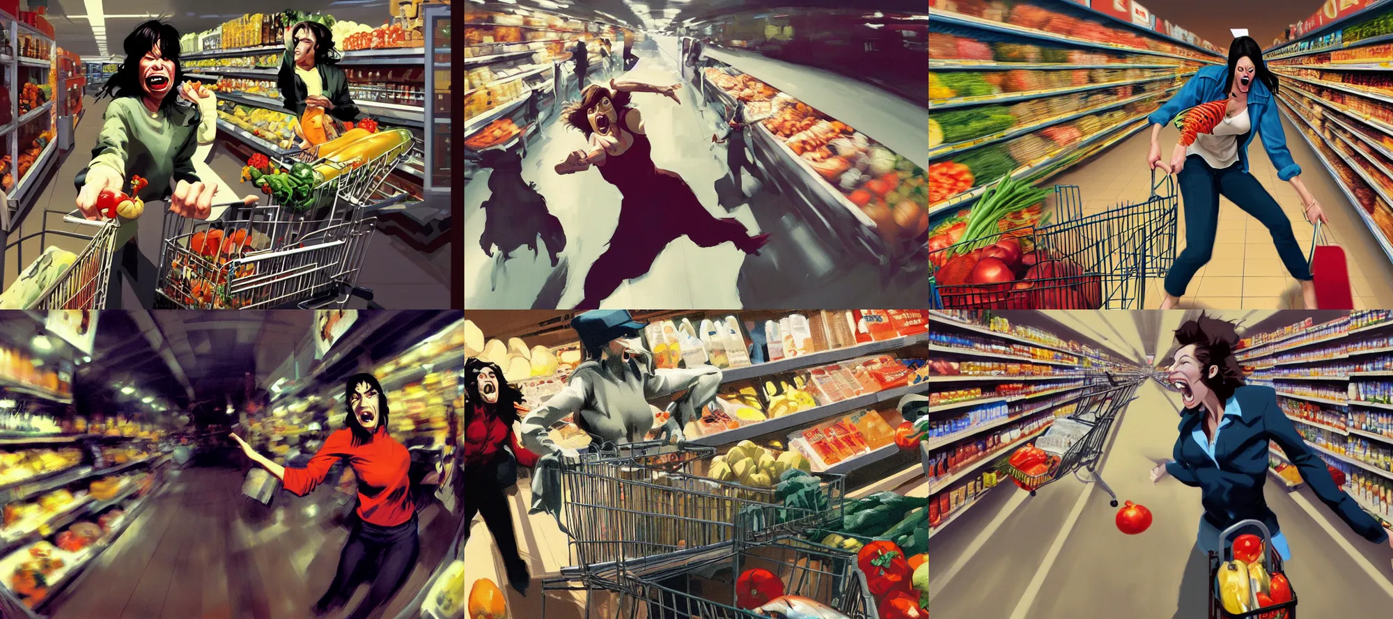Prompt: incredible screenshot a screaming woman doing her grocery shopping, dynamic camera angle, deep 3 point perspective, fish eye, dynamic scene, by phil hale, ashley wood, geoff darrow, james jean, 8k, hd, high resolution print