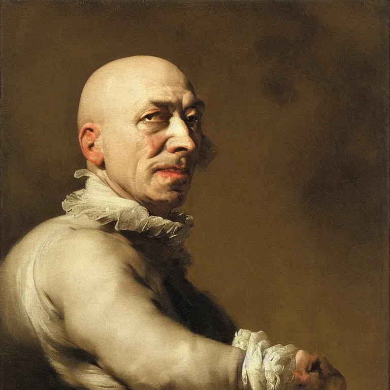 Prompt: portrait of a 60 years old strict looking man, bald patch, sqare-jawed in medieval clothing, painting by Rosalba Carriera, Anton Mengs, Thomas Gainsborough, Élisabeth Vigée-Lebrun