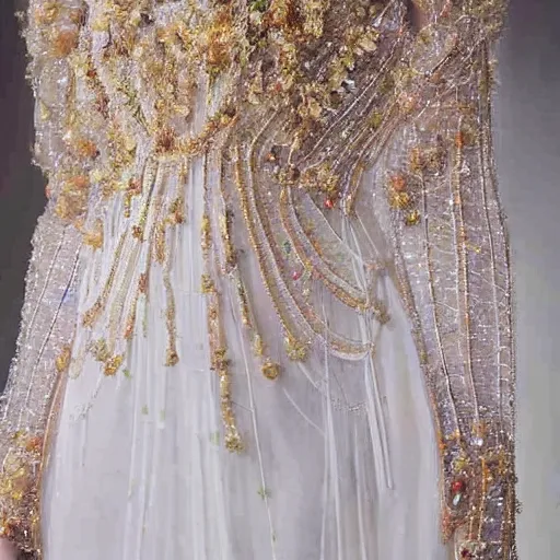 Image similar to a long wedding dress with a train made of flower petals made of light - colored fabric. transparent in places. in places, patterns of precious stones. intricate patterns of gold thin threads. fantasy. clear details