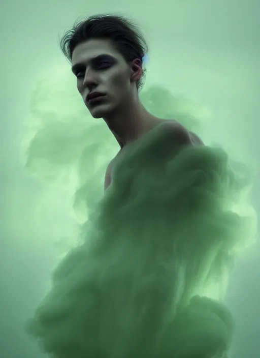 Image similar to an ethereal, misty portrait of a man whose face is accented with neon - toned glowing eyeliner. the makeup floats off his face and joins swirling clouds of smoke and fog, becoming an aurora. muted tones. surreal portrait, cinematic lighting, 8 k, smooth, sharp focus, digital painting, rendered in octane, painted by tom bagshaw, artgerm