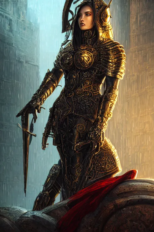 Image similar to portrait knights of Zodiac girl, metallic black and reddish color reflected armor, in heavily rainning ruin Agora of Athens, ssci-fi, fantasy, intricate, rim lights, reflected lights, very very beautiful, elegant, golden light, highly detailed, digital painting, artstation, concept art, smooth, sharp focus, illustration, art by tian zi and greg rutkowski and alphonse mucha and loish and WLOP