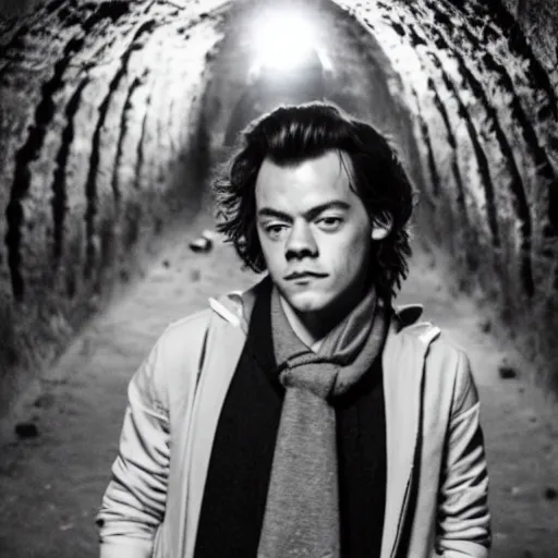 Prompt: photo of harry styles in the paris catacombs