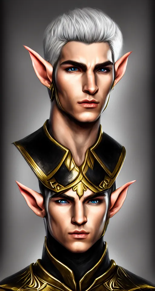 Image similar to A medium shot portrait of a male elf, he is about 20 years old, attractive, lean but muscular, serious composure, short silver hair, prideful look, he is wearing black heavy armor with gold plating and a red cape, highly detailed portrait, digital painting, ArtStation, concept art, smooth, sharp focus illustration, ArtStation HQ