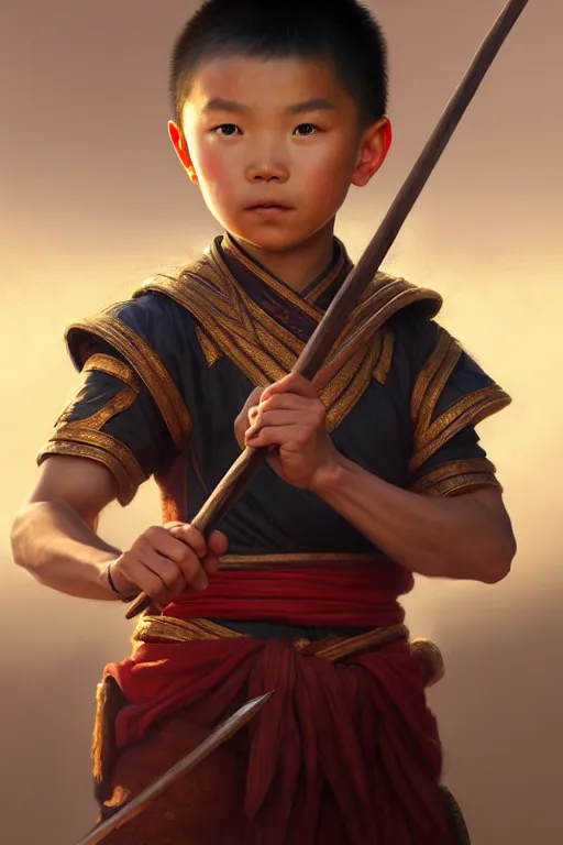 Image similar to a masterpiece portrait of nezha, highly detailed, boy hold spear, chinese fantasy, highly detailed, digital painting, trending on artstation, concept art, sharp focus, illustration, global illumination, ray tracing, realistic shaded, art by artgerm and greg rutkowski and fuji choko and viktoria gavrilenko and hoang lap