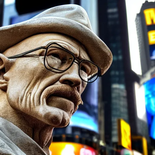 Image similar to a photograph of a very detailed renaissance sculpture of walter white in a hat standing in times square, made by michelangelo, from the distance, hyper detailed, sharp focus, 8 k resolution, ray tracing