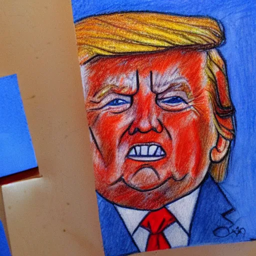 Prompt: crayon drawing of donald trump drawn by a toddler