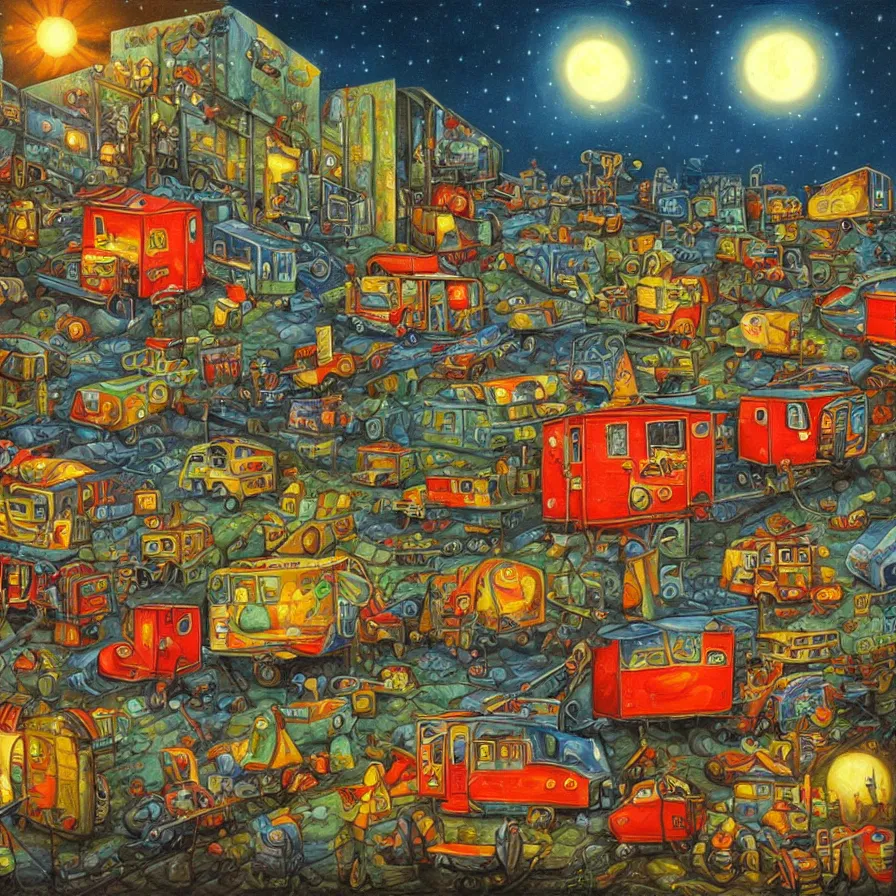 Prompt: a painting in the style of Jacek Yerka , a colourful caravan is traveling past a large factory at night