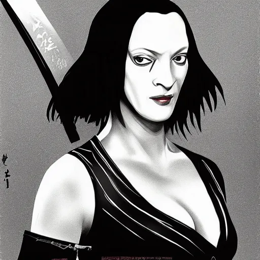 Prompt: uma thurman ( kill bill ) portrait, katana, japanese art