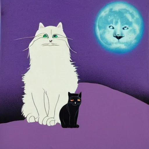 Image similar to 1980s tshirt art of a man's face and a white fluffy cat's face howling at the moon. shades of blue and violet. high quality high resolution award winning. sorrowful.