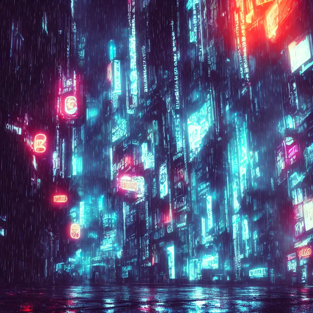 Image similar to dark city street in the rain, neon lights, cyberpunk, year 2 0 9 9, blade runner, octane render, 4 k