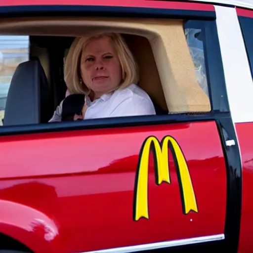 Image similar to angry liz cheney working as mcdonald's drive - thru employee