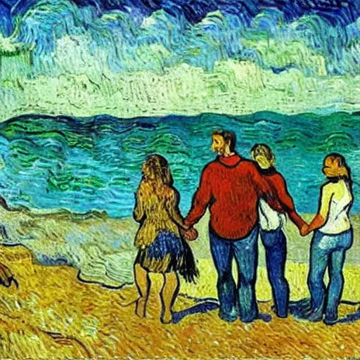 Prompt: hippie style family of four — woman, men, boy, girl standing on the ocean and looking at the ocean holding hands, far - view, painting by vincent van gogh