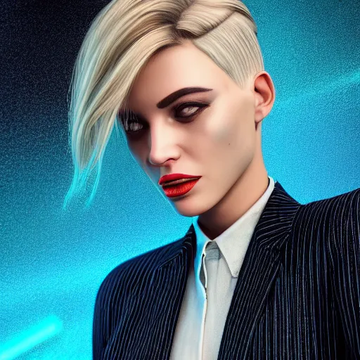 Image similar to stylish woman cartoon portrait made out of rain, pinstripe suit, short blond hair, galactic background, rendered in octane, unreal engine, highly detailed, trending on artstation, realistic, splashes of neon, beautiful