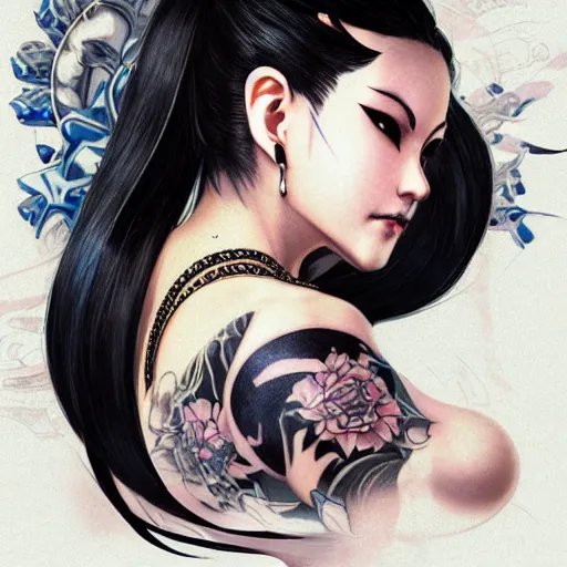 Image similar to portrait of goth Chun Li with yakuza tattoos, Street fighter, intricate, elegant, highly detailed, digital painting, artstation, concept art, smooth, sharp focus, illustration, art by artgerm and greg rutkowski and alphonse mucha