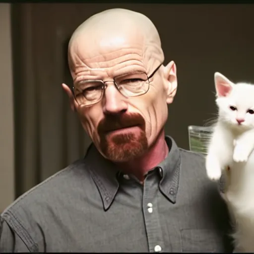 Prompt: a still from breaking bad, of walter white holding a kitten, while smiling, hd 4 k photo