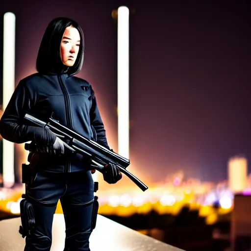 Prompt: photographic portrait of a techwear woman holding a shotgun, holding gun down, closeup, on the rooftop of a futuristic city at night, sigma 85mm f/1.4, 4k, depth of field, high resolution, full color, Kill Bill, John Wick, Die Hard, movies with guns, movie firearms