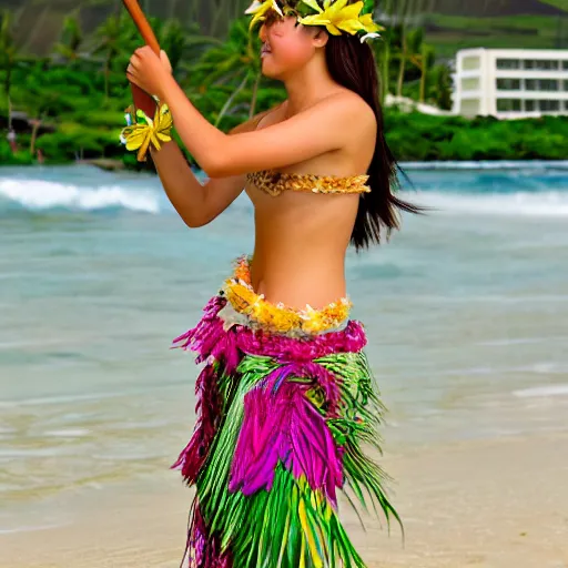 Prompt: Hawaii girl in a hula skirt