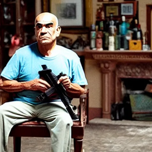 Image similar to lalo salamanca sitting in a chair with his gun