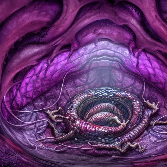 Image similar to detailed shot inside a goddess dragon's cavernous synthetic stomach, the walls purple and pulsing, slimy and hot, lots of acid pooling up on the floor, digesting a bunch humans that ended up inside, food pov, micro pov, vore, digital art, furry art, high quality, 8k 3D realistic, macro art, micro art, Furaffinity, Deviantart, Eka's Portal, G6