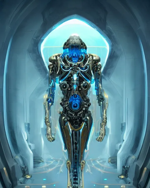 Image similar to benevolent cyborg necromancer, scifi, futuristic, helpful, kind, intelligent, alien room background, white, blue, gold, highly detailed, trending on artstation, soft light, holy machine, advanced technology, art by vitaly bulgarov and nivanh chanthara