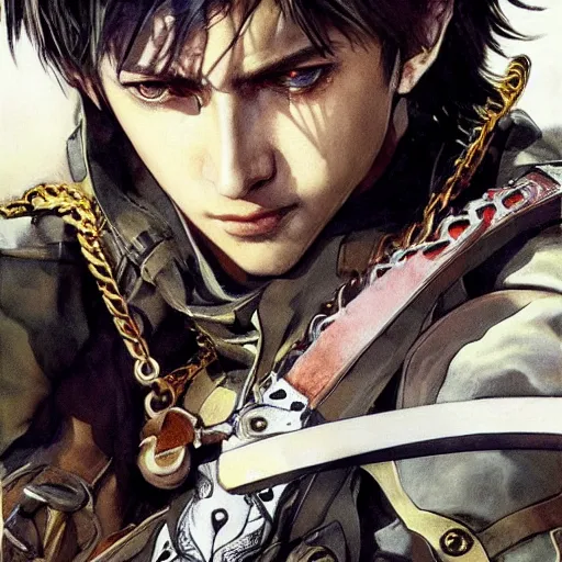 Image similar to portrait of a young white hero using his right arm to hold his sword covering his eye by yoji shinkawa, high quality, extra details, realism, ornate, colored, golden chain, blood, white skin, short hair, brown eyes, vivid, sunlight, dynamic, american man, freedom, white american soldier, painting, cybernetics, military