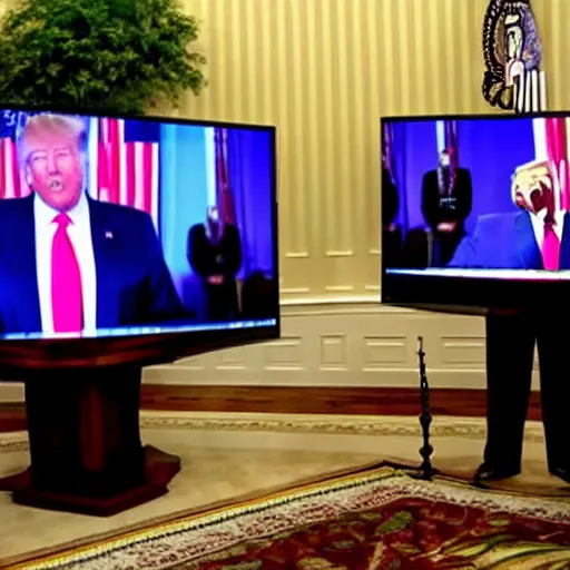 Prompt: donald trump watches a television broadcast of joe biden winning the presidency