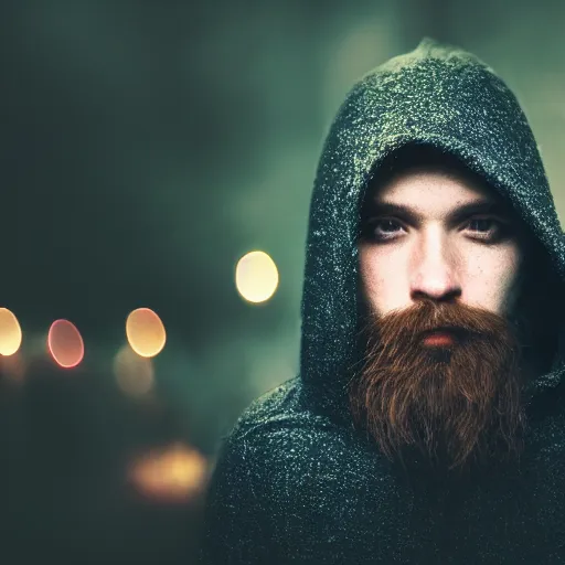 Image similar to portrait of a mysterious wizard with a Hood, bright eyes, fantasy, bokeh, magic lights, cinematic