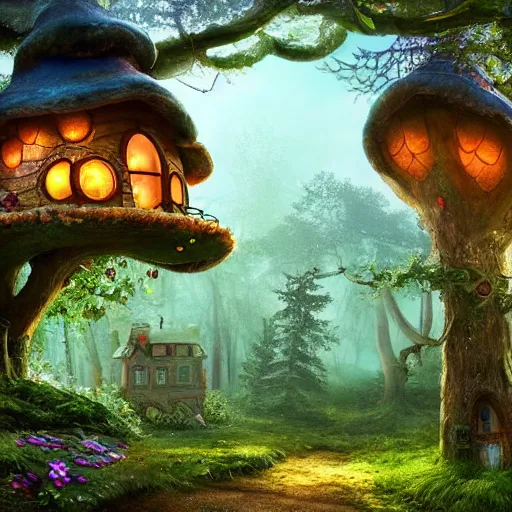 Prompt: A fairy tale toadstool-style house in magical forest, cinematic lighting, photo realistic image, 4K, super detailed, cinematic look, H 1024