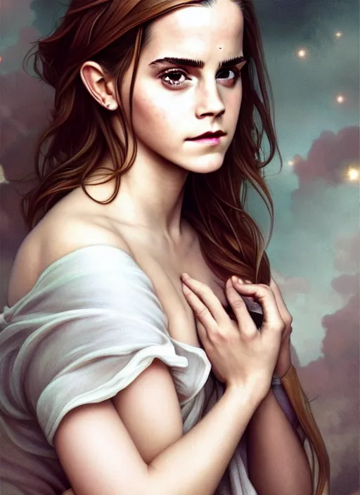 Image similar to emma watson sansan suicide realistic,, surealism, aesthetic, shiny, fantasy, intricate, elegant, extremely higly detailed, digital painting, artstation, body symmetrical anatomy, baroque, concept art, photoshop, krita, smooth, sharp focus, full body focus, illustration, digital painting, art by artgerm and greg rutkowski and alphonse mucha