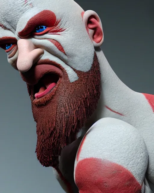 Image similar to kratos as a muppet. highly detailed felt. hyper real photo. 4 k.