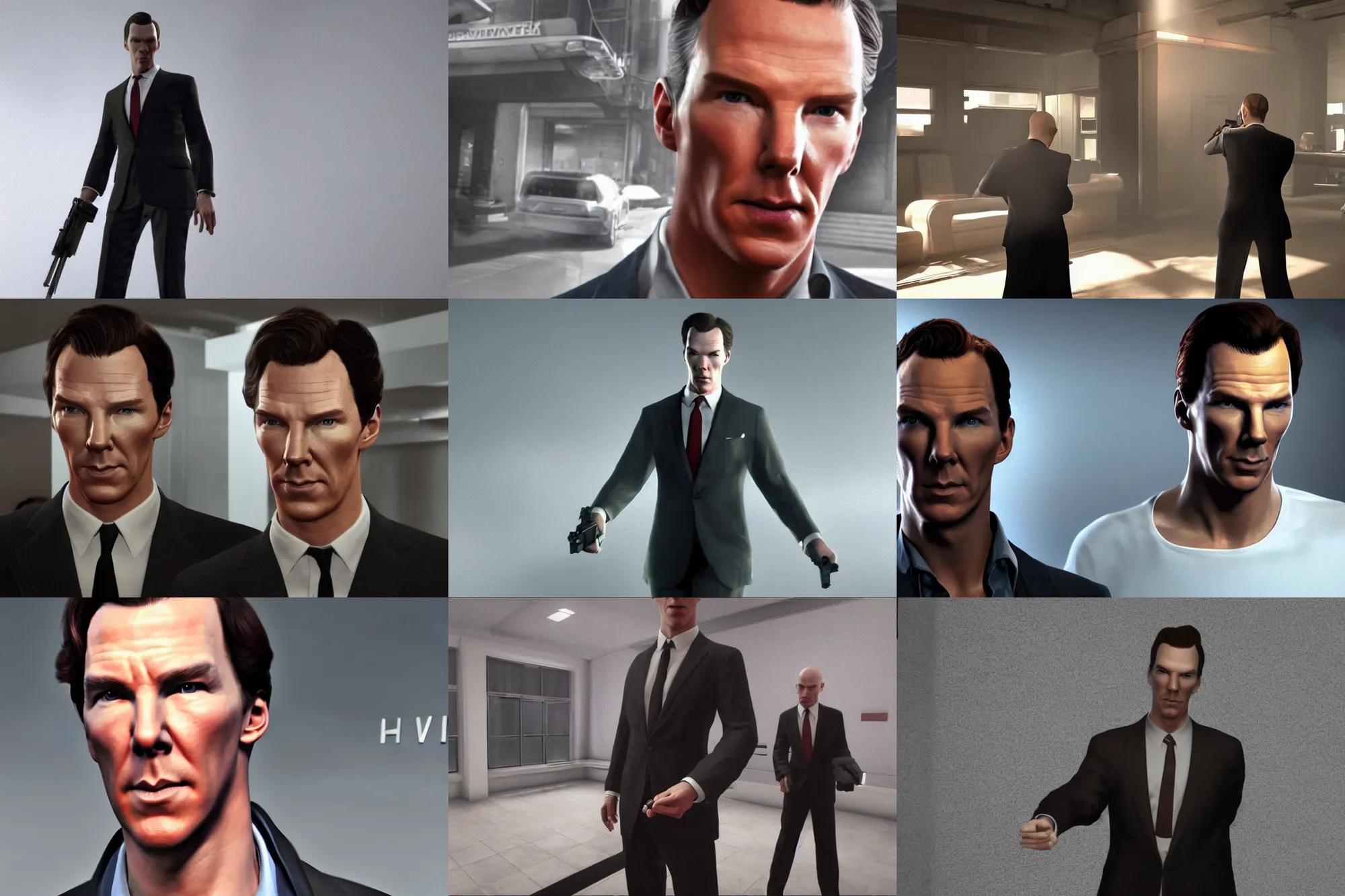 Prompt: a screenshot of benedict cumberbatch in the video game hitman. 3 d rendering. unreal engine. amazing likeness. very detailed. cartoon caricature.