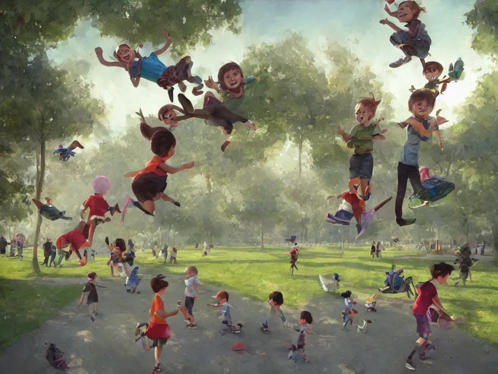 Prompt: happy children fly through a public park, by alejandro burdisio and bob bylerley and greg rutkowski