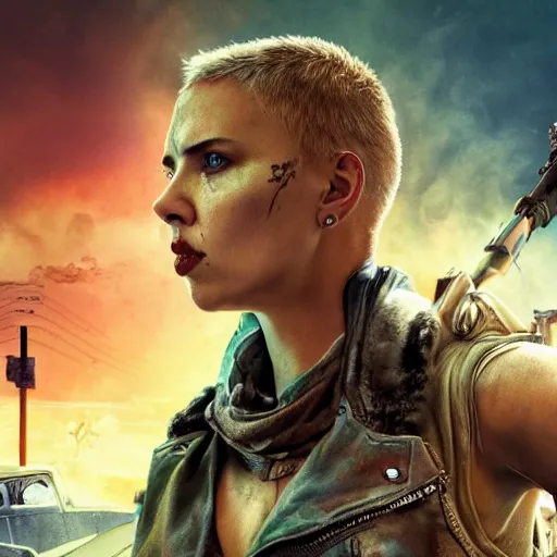 Image similar to Fury Road scarlett johansson after a bad mission in Cyberpunk 2077. CP2077. 3840 x 2160